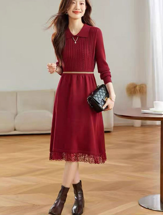 裾レース切り替え 襟付きニットワンピース