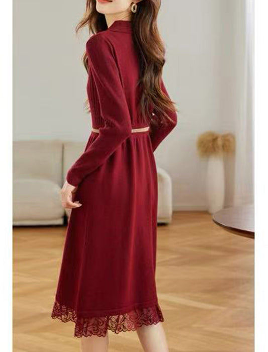 裾レース切り替え 襟付きニットワンピース