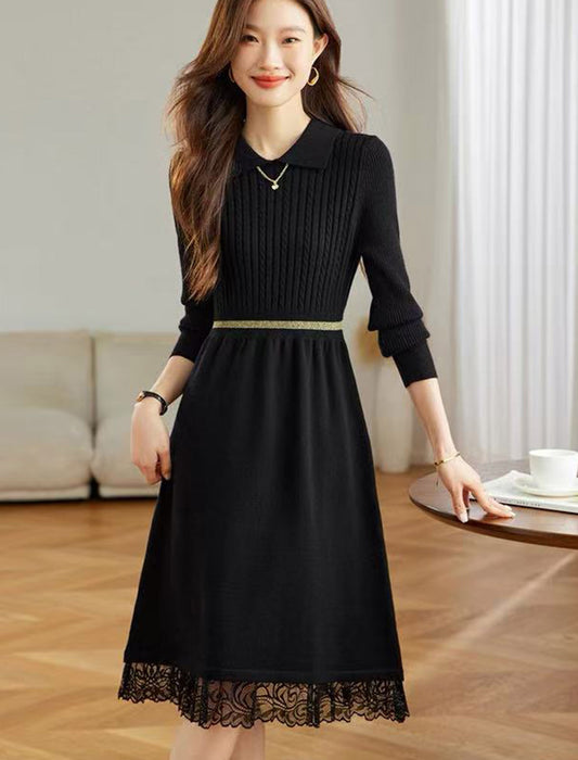 裾レース切り替え 襟付きニットワンピース