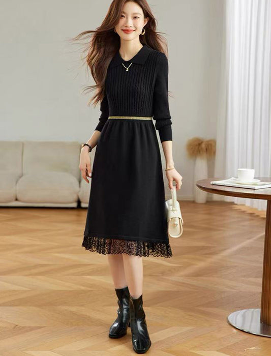 裾レース切り替え 襟付きニットワンピース