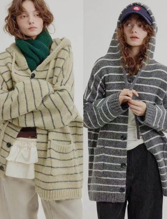 ざっくり編み ボーダー フード付きニットカーディガン