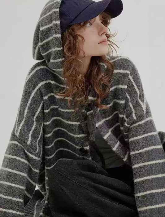 ざっくり編み ボーダー フード付きニットカーディガン