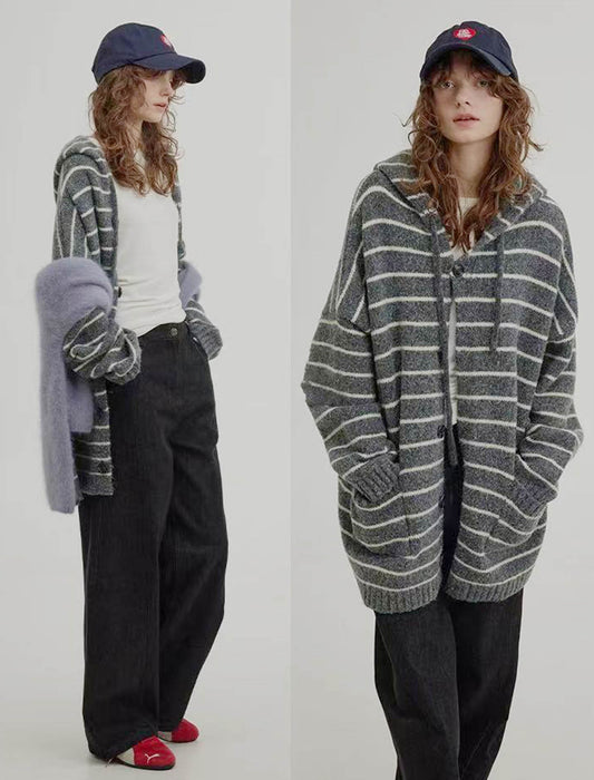 ざっくり編み ボーダー フード付きニットカーディガン