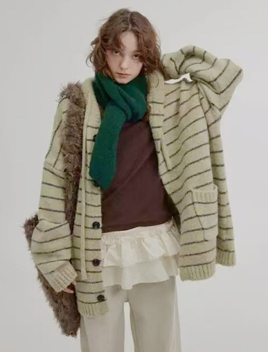 ざっくり編み ボーダー フード付きニットカーディガン