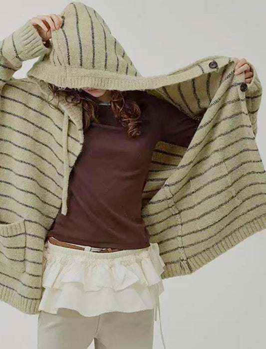 ざっくり編み ボーダー フード付きニットカーディガン