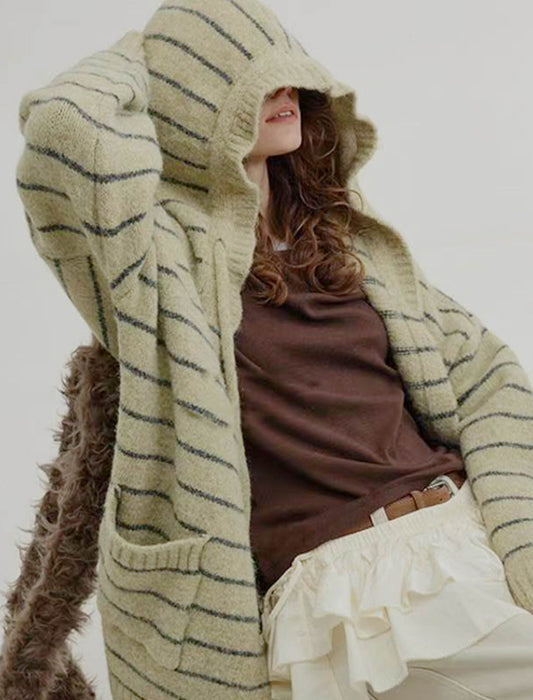 ざっくり編み ボーダー フード付きニットカーディガン