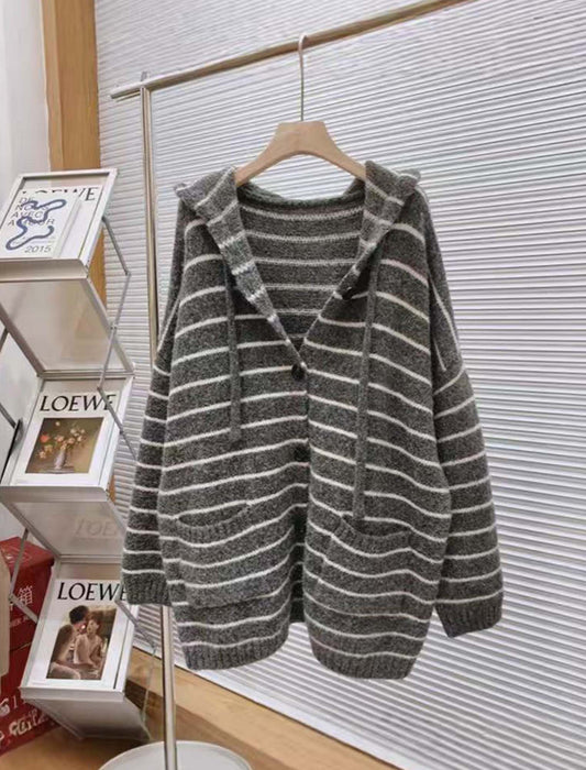 ざっくり編み ボーダー フード付きニットカーディガン