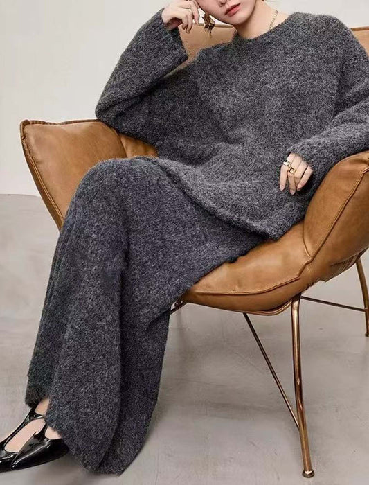 メランジニット クルーネックトップス＆ロングスカートセットアップ