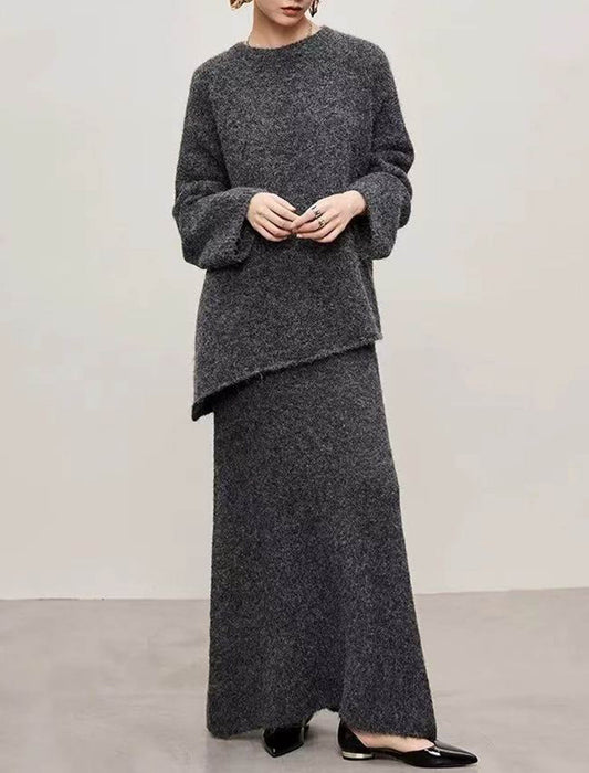 メランジニット クルーネックトップス＆ロングスカートセットアップ