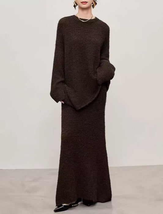 メランジニット クルーネックトップス＆ロングスカートセットアップ