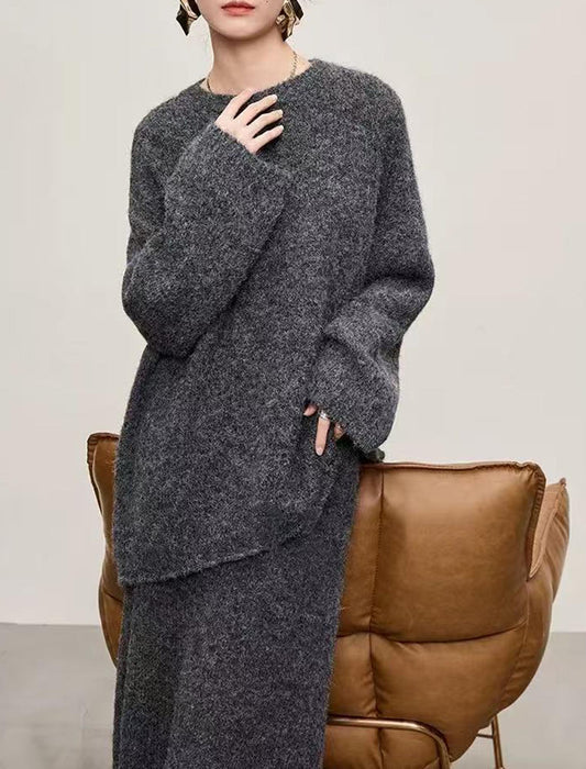 メランジニット クルーネックトップス＆ロングスカートセットアップ