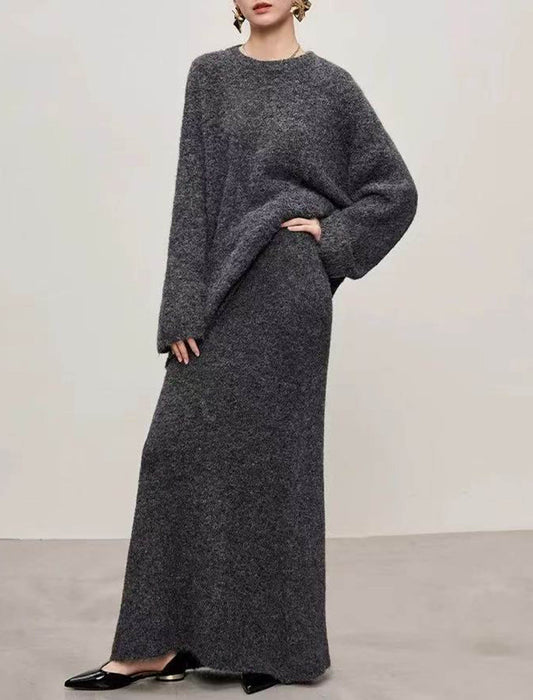 メランジニット クルーネックトップス＆ロングスカートセットアップ