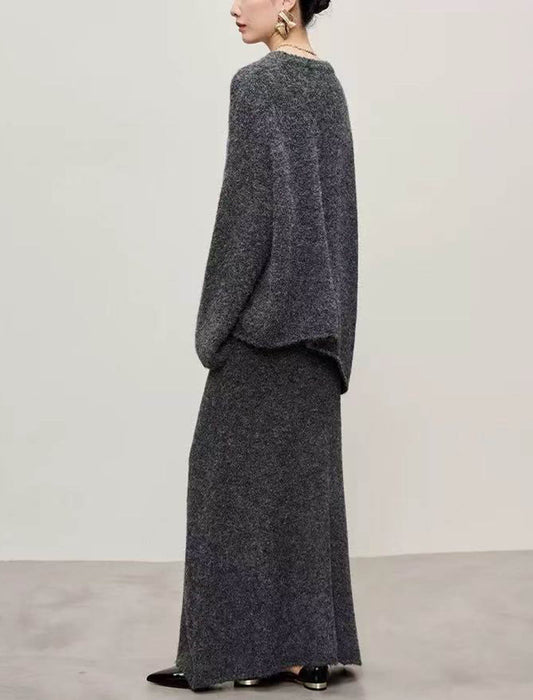 メランジニット クルーネックトップス＆ロングスカートセットアップ