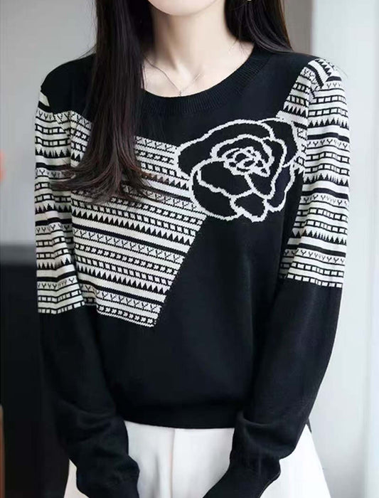 ローズ＆幾何学柄 モノトーンニットプルオーバー