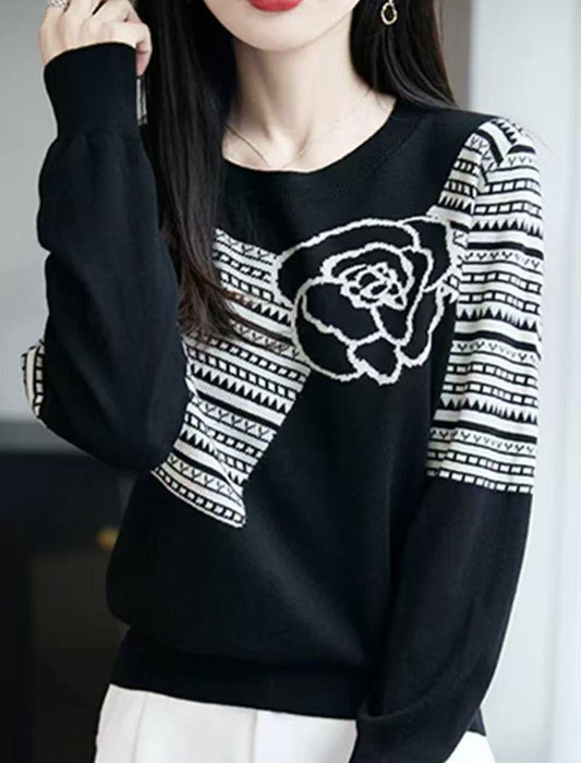 ローズ＆幾何学柄 モノトーンニットプルオーバー