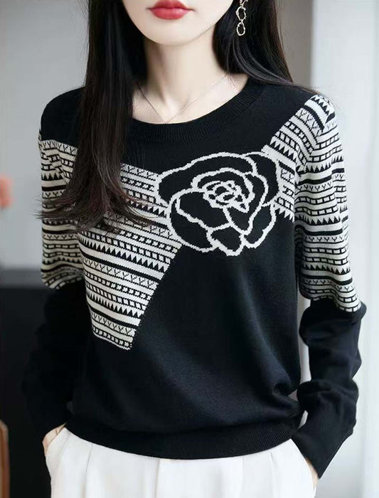 ローズ＆幾何学柄 モノトーンニットプルオーバー