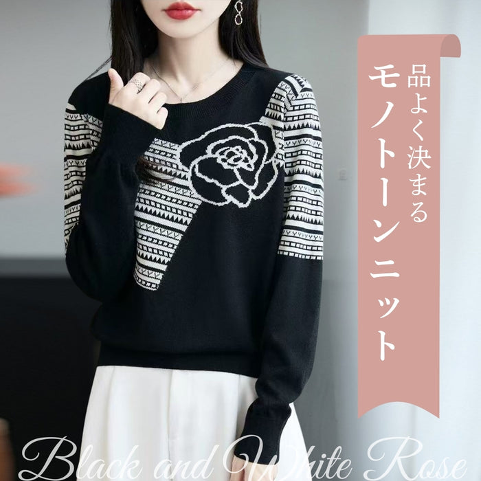 ローズ＆幾何学柄 モノトーンニットプルオーバー