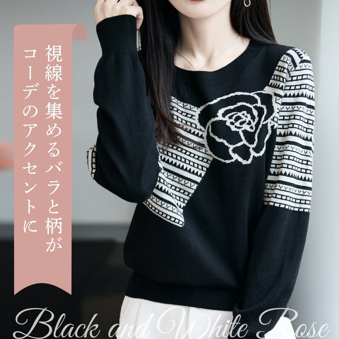 ローズ＆幾何学柄 モノトーンニットプルオーバー