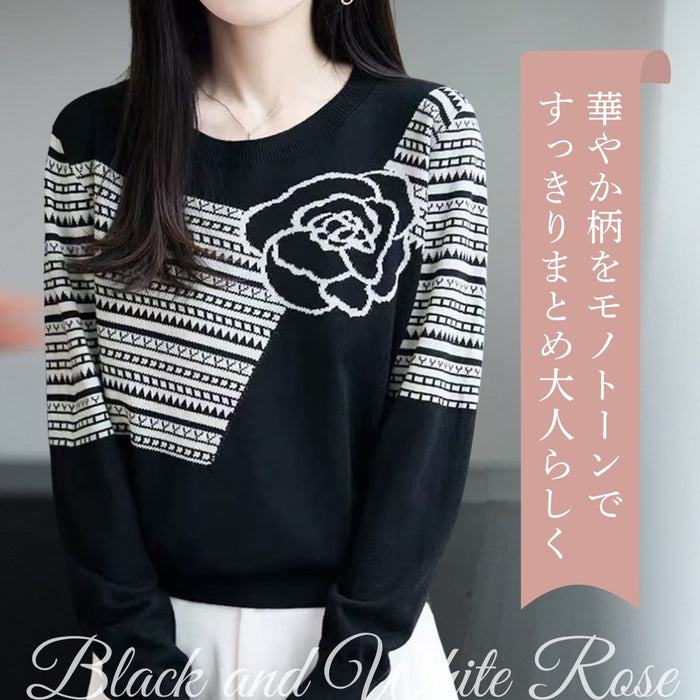 ローズ＆幾何学柄 モノトーンニットプルオーバー
