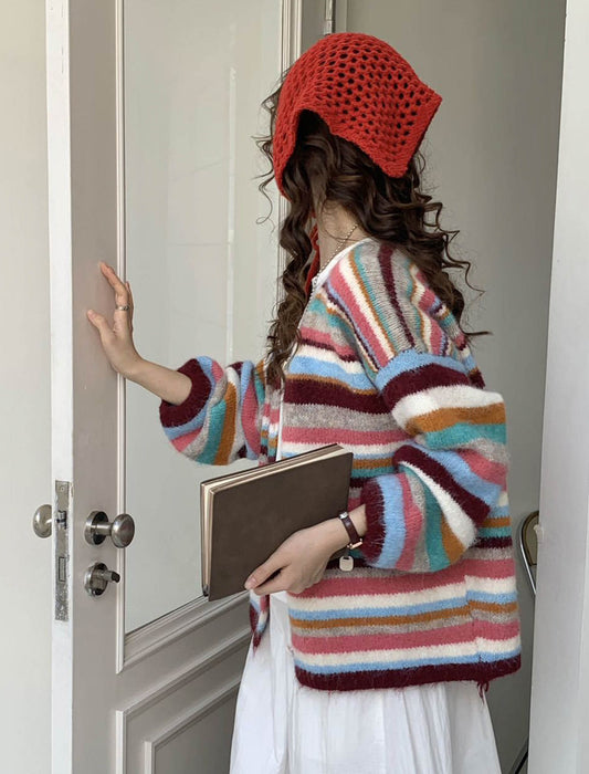 レトロポップな配色ボーダーニットカーディガン