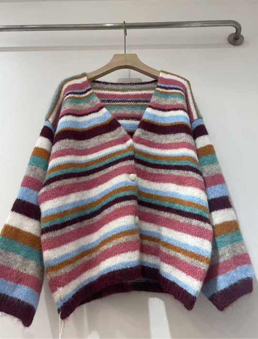 レトロポップな配色ボーダーニットカーディガン