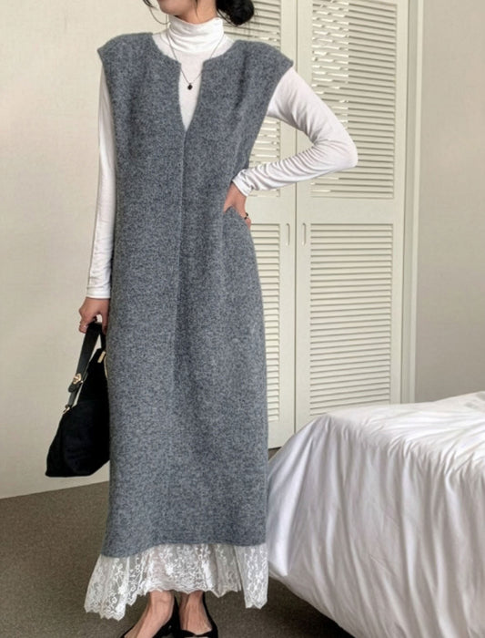 裾レース Vネックロングワンピース