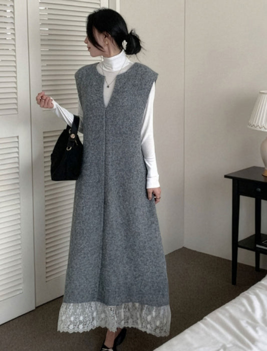 裾レース Vネックロングワンピース