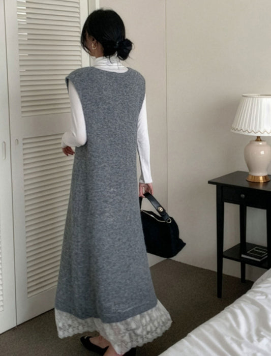 裾レース Vネックロングワンピース