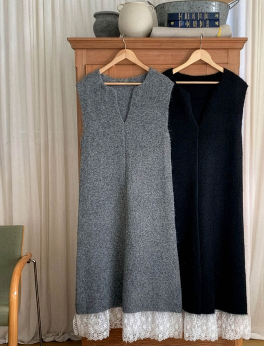 裾レース Vネックロングワンピース