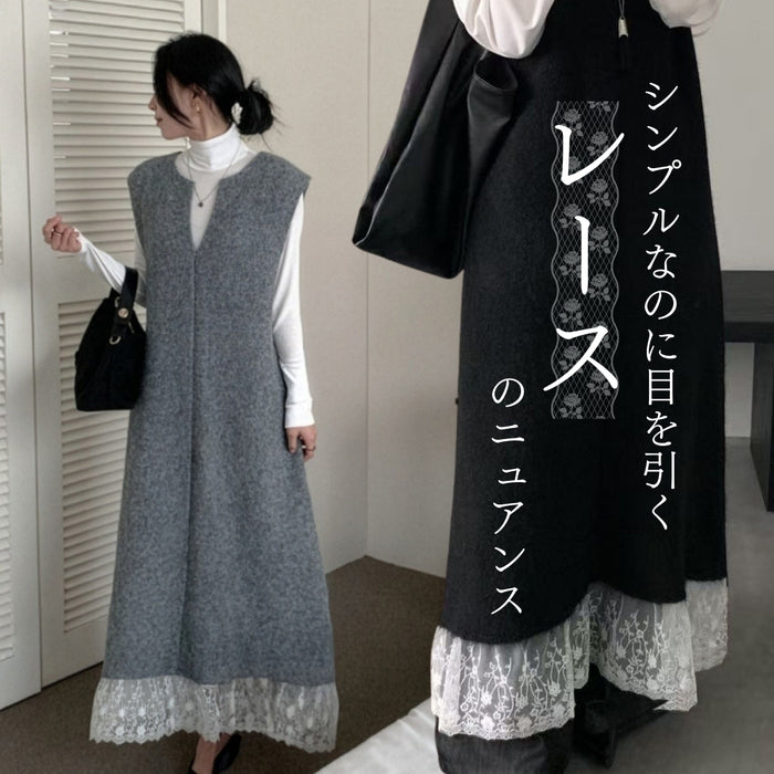 裾レース Vネックロングワンピース