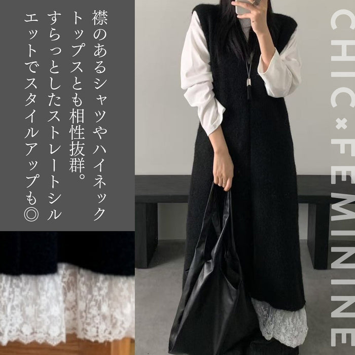 裾レース Vネックロングワンピース