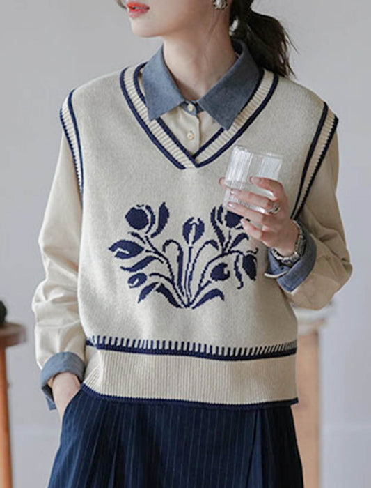 清楚なフラワーデザインニットベスト