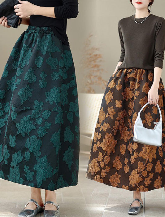 立体ジャガード 花柄フレアロングスカート