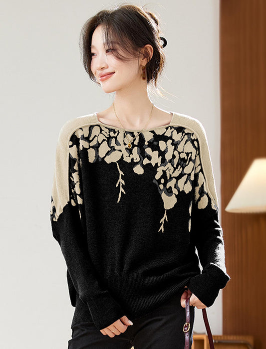 配色花柄 ドルマンスリーブ ニットプルオーバー