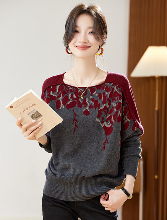 配色花柄 ドルマンスリーブ ニットプルオーバー