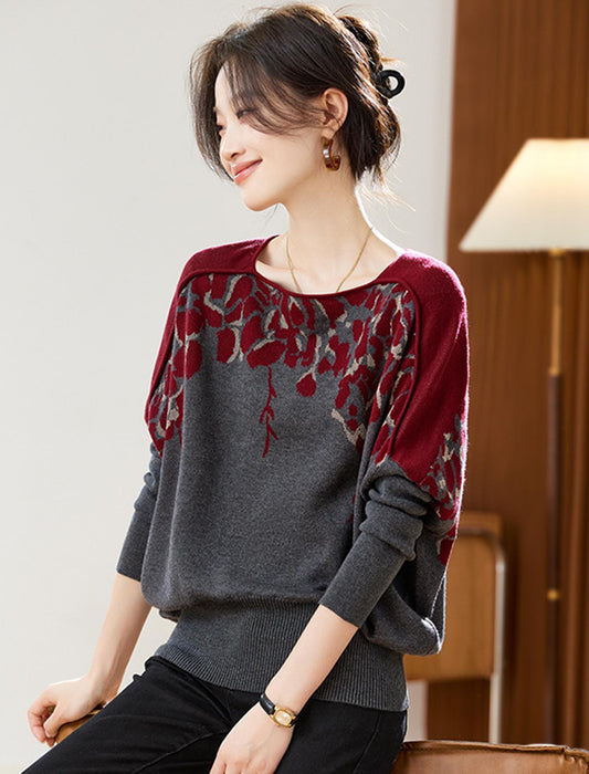 配色花柄 ドルマンスリーブ ニットプルオーバー