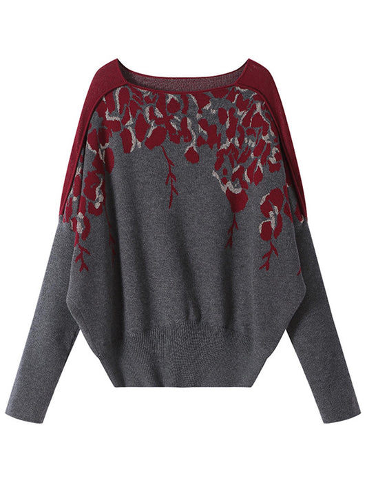 配色花柄 ドルマンスリーブ ニットプルオーバー
