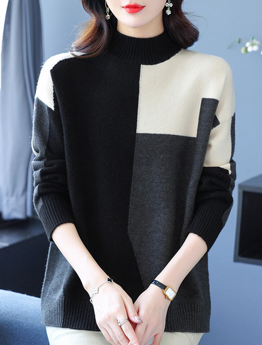 モードシックブロック配色ハイネックニット
