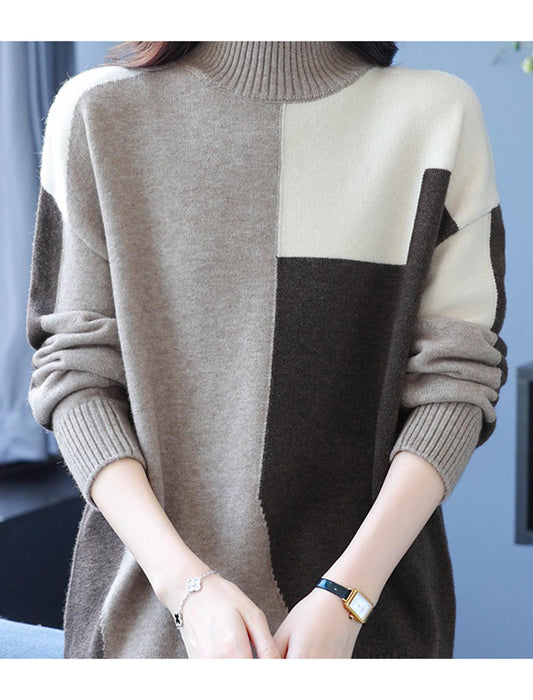 モードシックブロック配色ハイネックニット