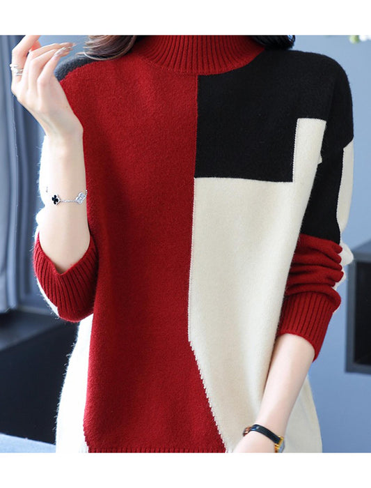 モードシックブロック配色ハイネックニット