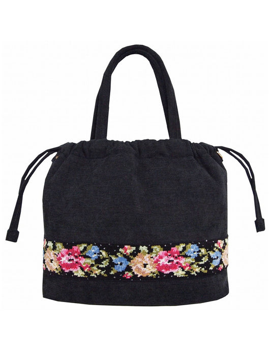 【近日入荷】花柄バンド 巾着型ミニトートバッグ　※ブラック/ブルーグリーンは2月上旬入荷