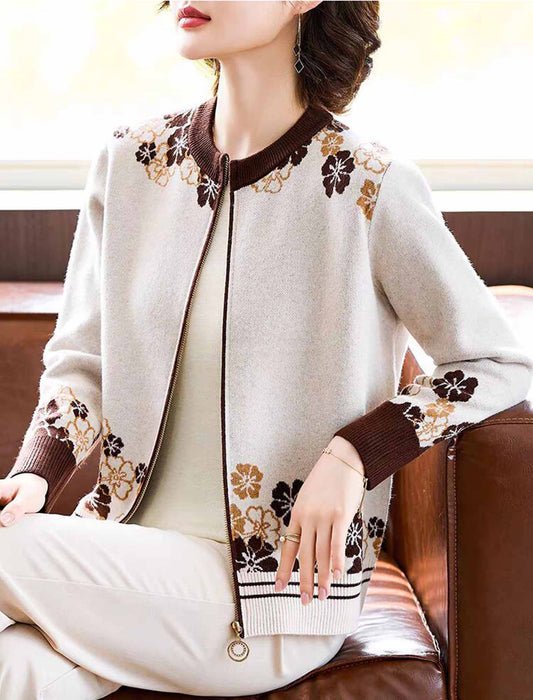 【近日入荷】上品フラワー×配色ラインニットジャケット　※ネイビーは2月上旬入荷