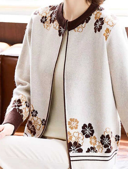 【近日入荷】上品フラワー×配色ラインニットジャケット　※ネイビーは2月上旬入荷