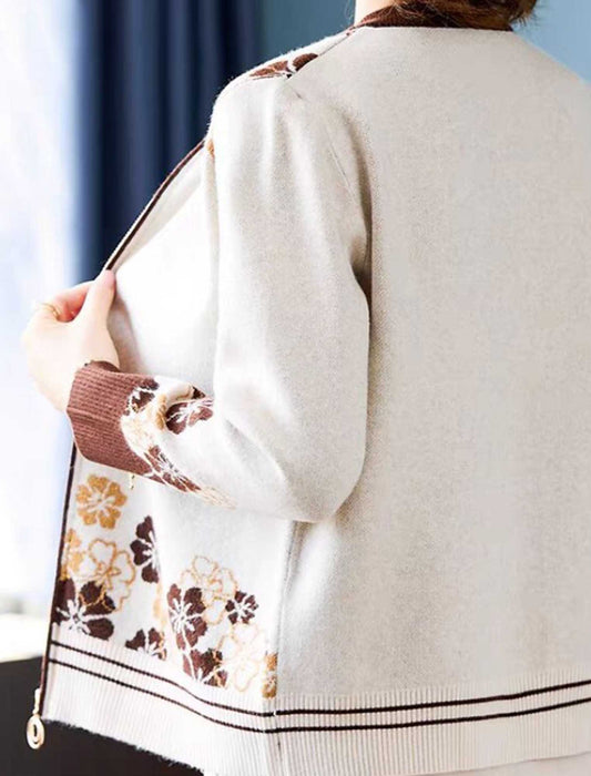【近日入荷】上品フラワー×配色ラインニットジャケット　※ネイビーは2月上旬入荷