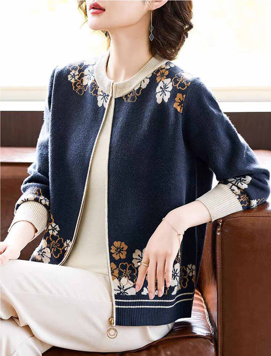 【近日入荷】上品フラワー×配色ラインニットジャケット　※ネイビーは2月上旬入荷