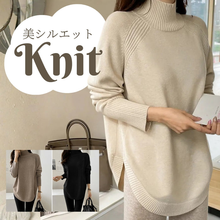 【近日入荷】ラウンドヘムハイネックヤク風ニット※モカは1月中旬入荷予定