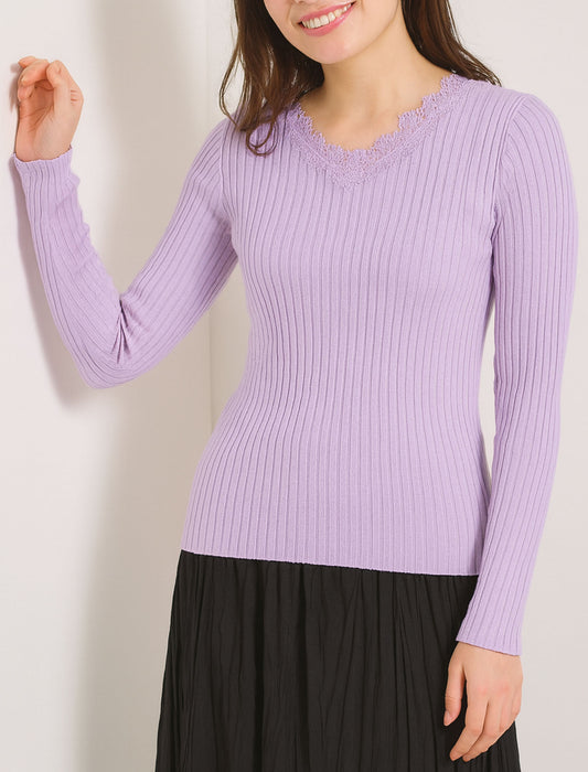 レースネックリブニット