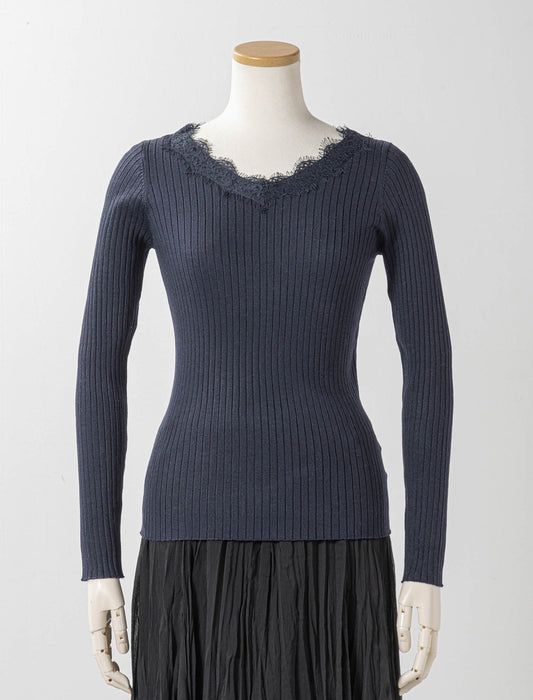 レースネックリブニット