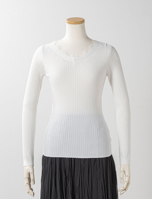 レースネックリブニット