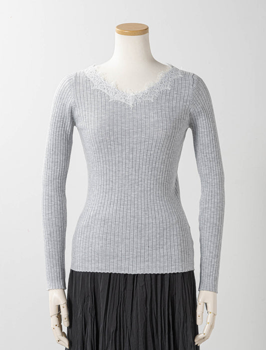 レースネックリブニット
